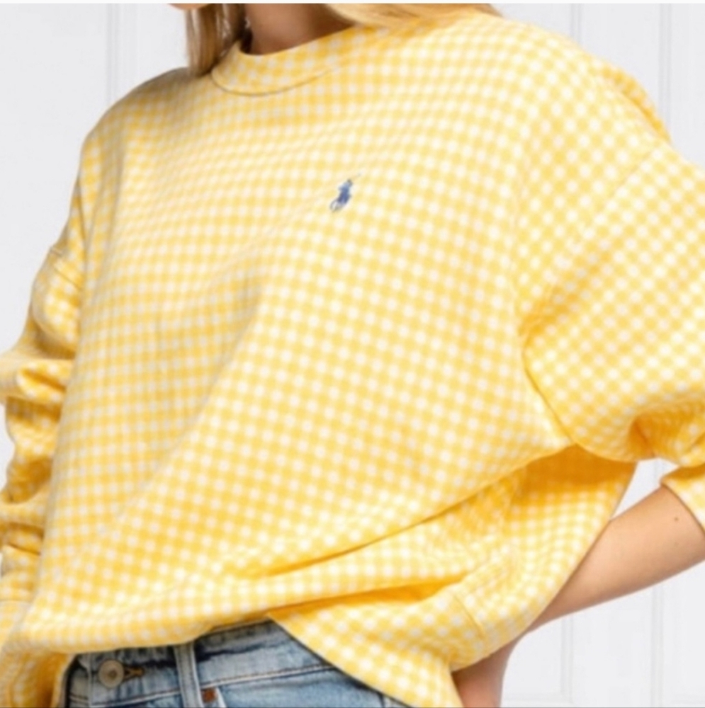 Polo Ralph Lauren Womens Large Yellow Gingham Crew Neck Long Sleeve Sweatshirt